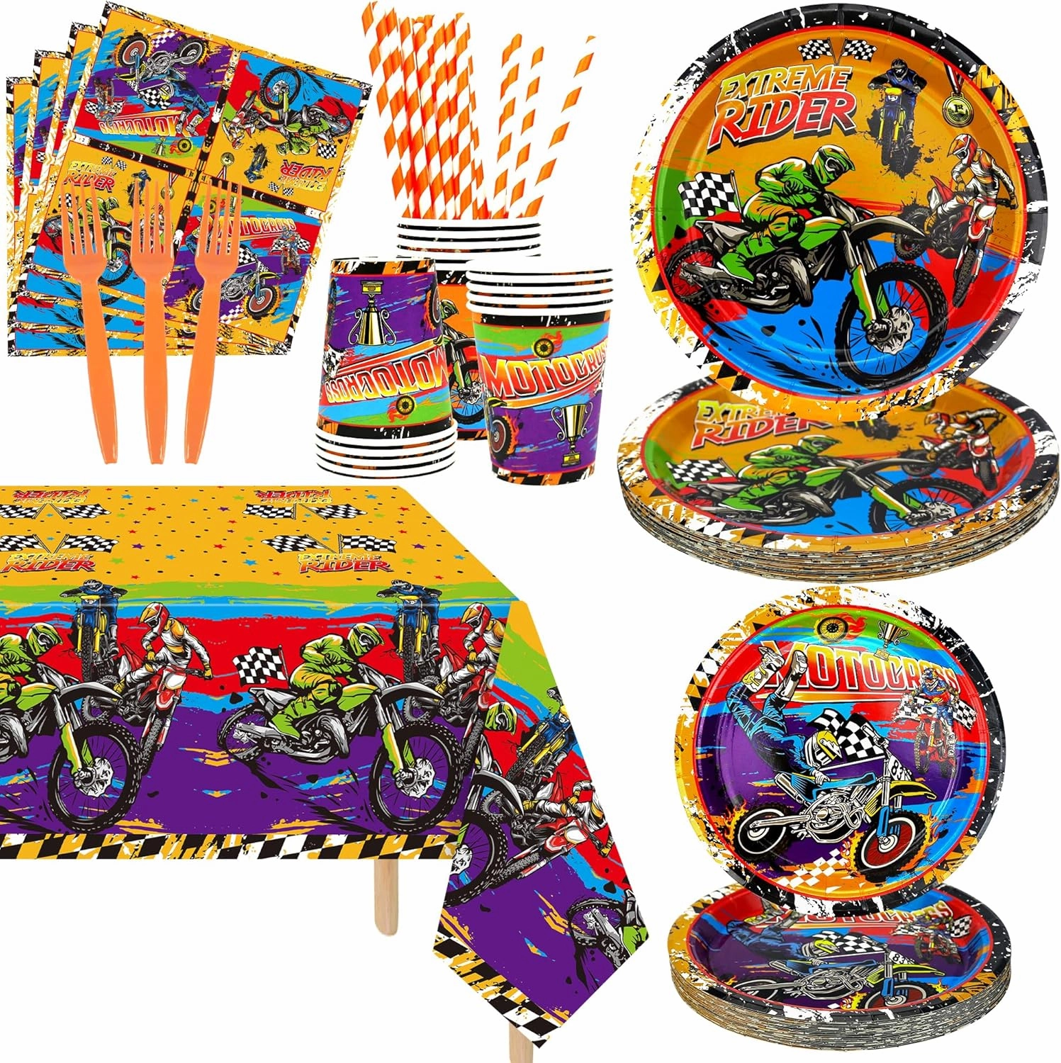 Dirt Bike Party Supplies, Includes Plate, Napkin, Cups, Forks, Tablecloth, for Kids Boys Girls Motorcycle Extreme Sports Birthday Decorations, Serve 20