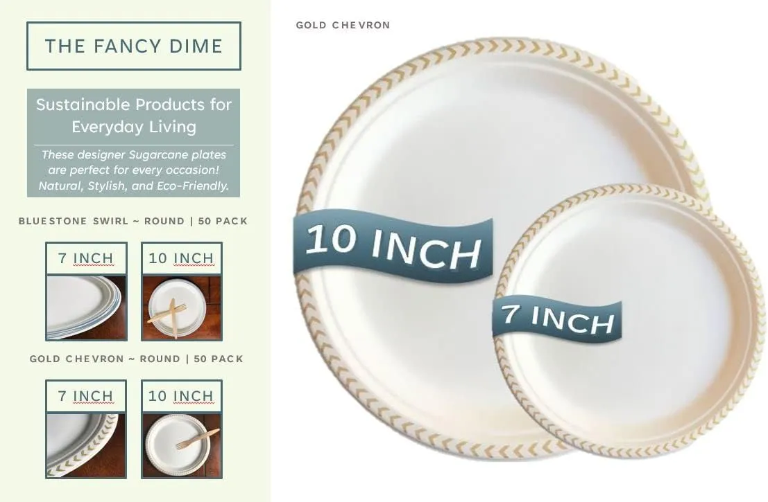 Disposable Paper Plate: Heavy Duty, Elegant, Eco-Friendly, Compostable Paper Plates (50 Count), Tree Free Sugarcane Bagasse Plate with Color Party Plate (10 inch Gold Dinner Plate)
