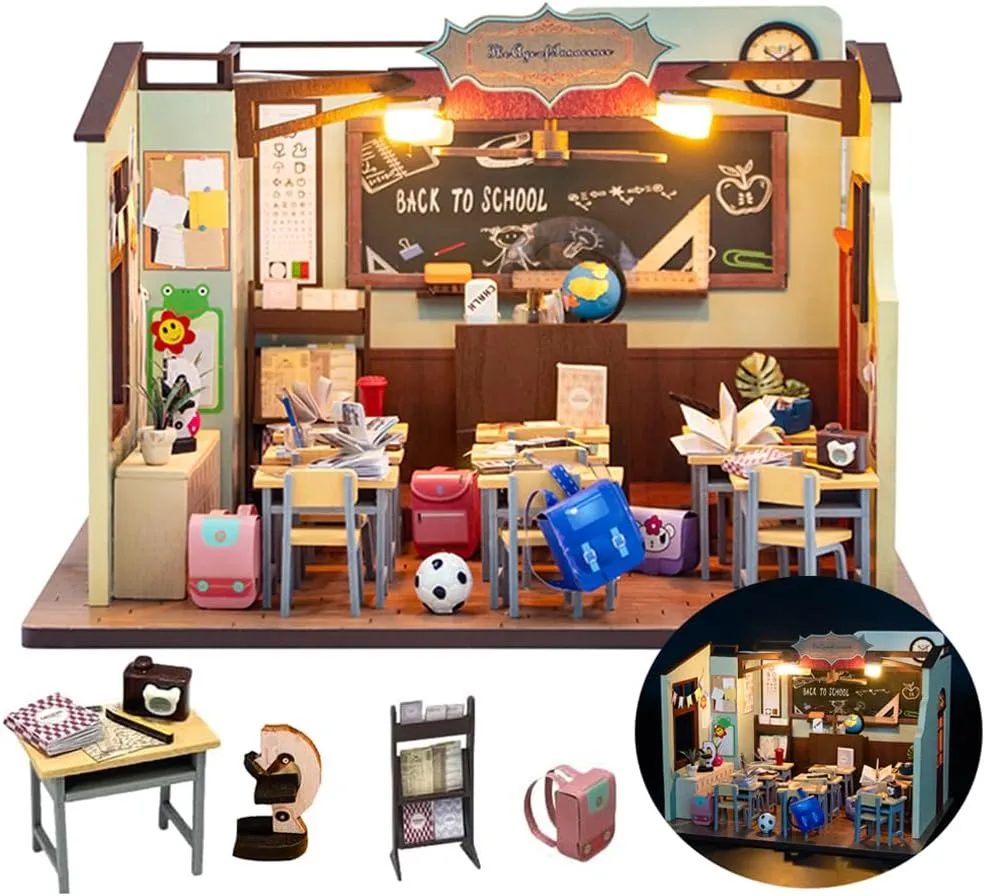 DIY Miniature Dollhouse Kit Back to School House Wooden Miniatures House Crafts DIY Model Kits Christmas Birthday Gifts for Men and Women Friend (Without Dust Cover)