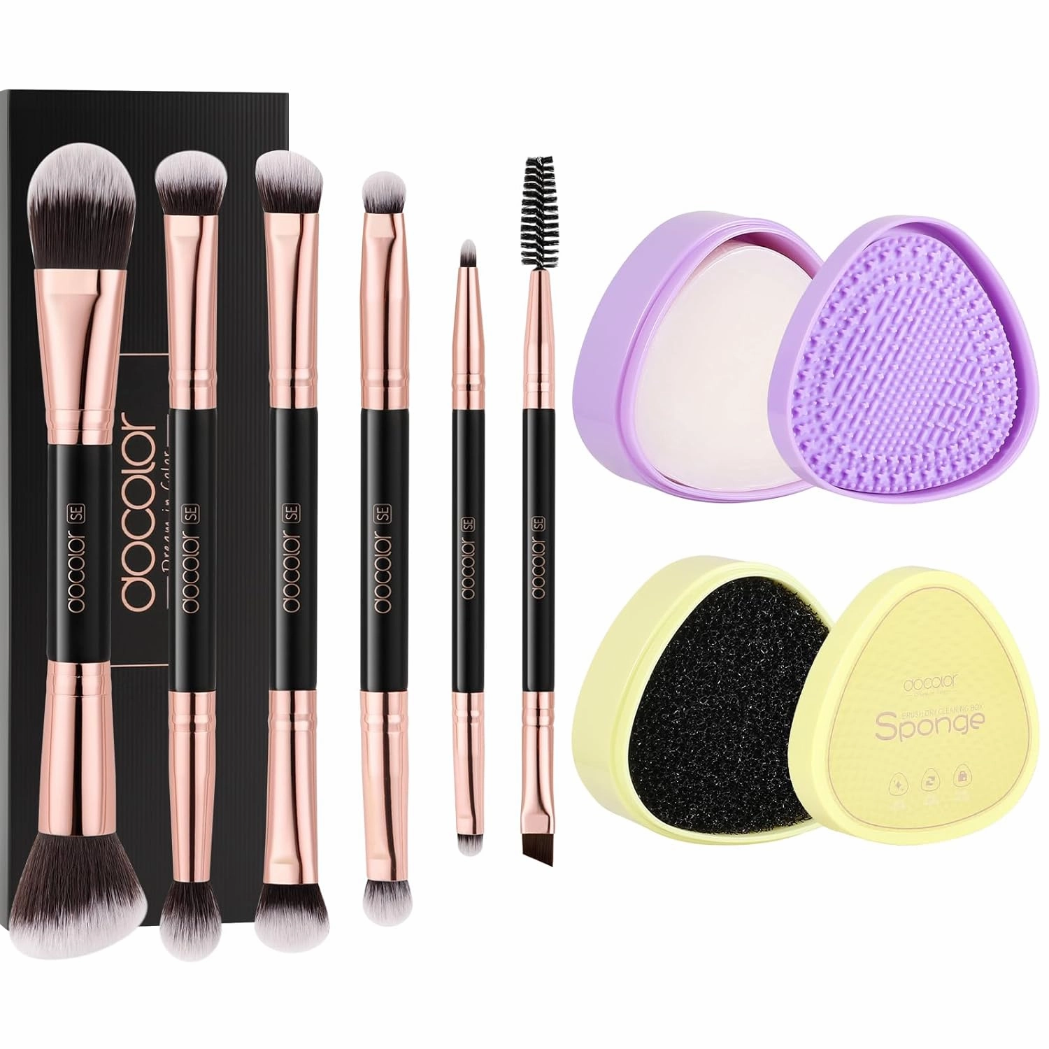 Docolor Makeup Brushes Cleaner Set Solid Soap Cleanser with Color Removal Sponge 6Pcs Double Ended Eyeshadow Brush
