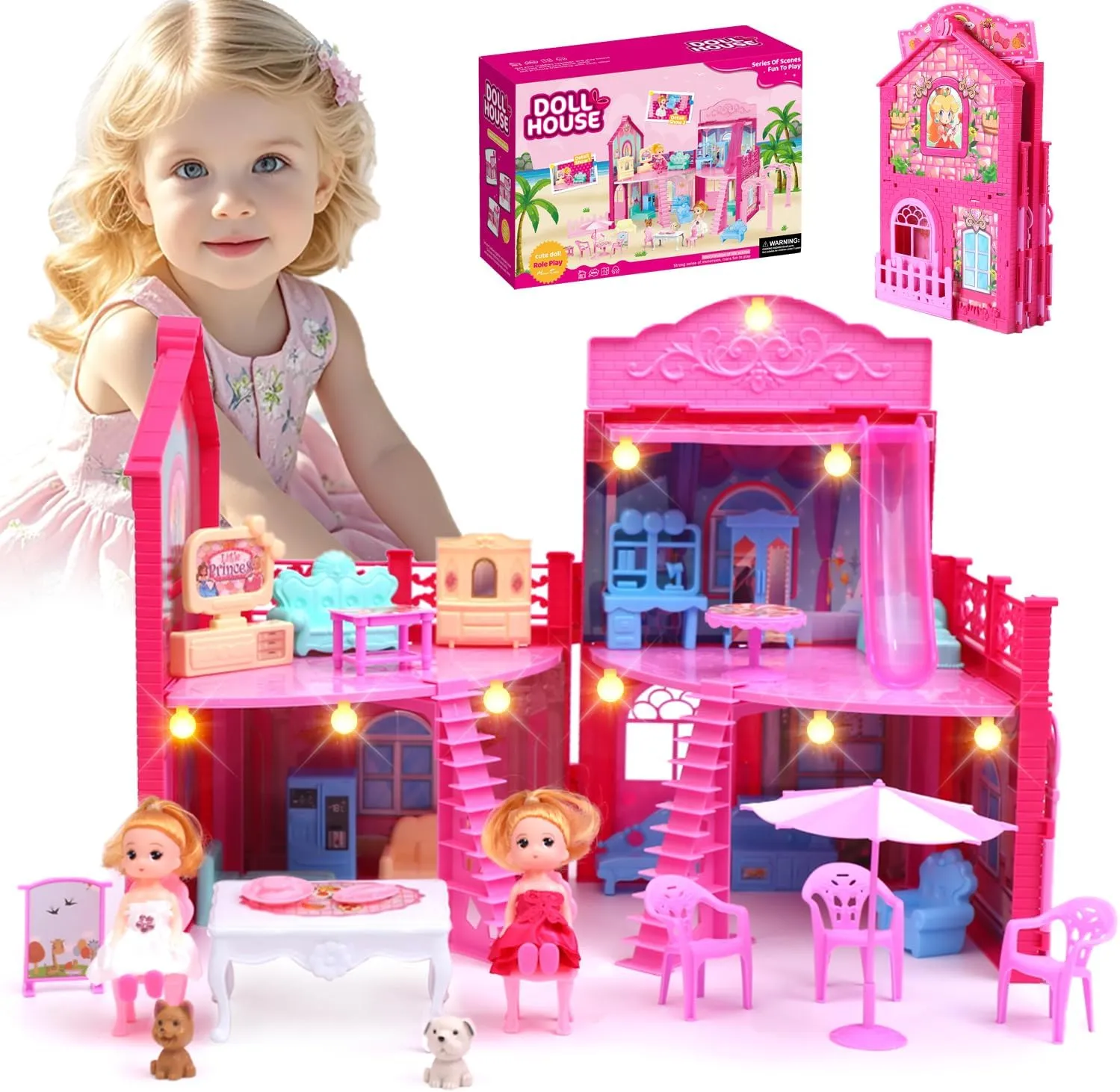 Doll House, with 4 Rooms, 2 Dolls, Toy Furniture Accessories, Pet Play Area，Slide Dollhouse Dlayset, Dollapsible Portable Playhouse with Lights for Little Girls