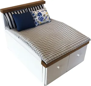 Dollhouse Furniture Queen Bed Set, Mini Bedroom Accessories for 6 inch Dolls, Grey Bedding, White Wooden Frame, 1/12 Scale