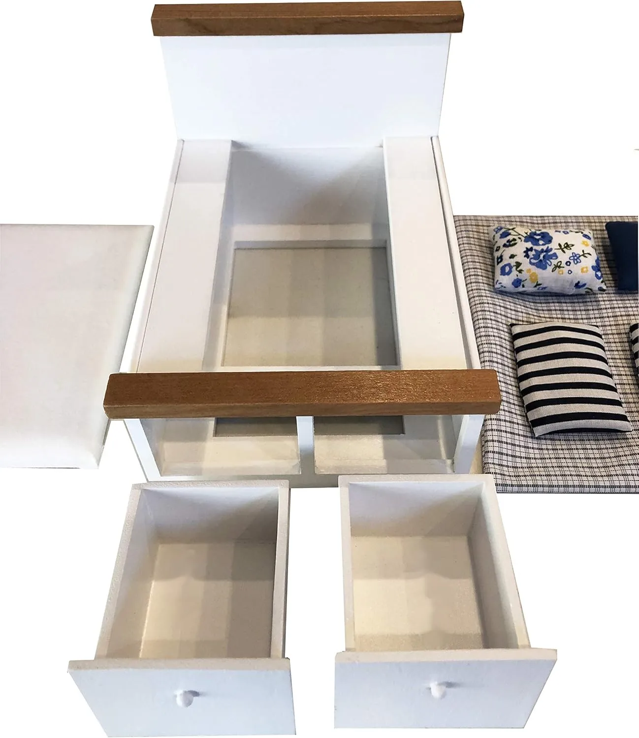Dollhouse Furniture Queen Bed Set, Mini Bedroom Accessories for 6 inch Dolls, Grey Bedding, White Wooden Frame, 1/12 Scale