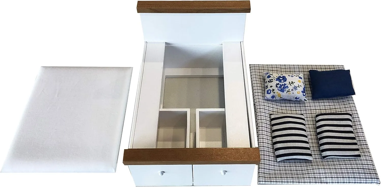 Dollhouse Furniture Queen Bed Set, Mini Bedroom Accessories for 6 inch Dolls, Grey Bedding, White Wooden Frame, 1/12 Scale