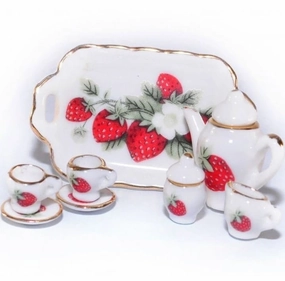 Dollhouse Tea Set with Tray, Miniature Tea Set with Strawberry  Pattern