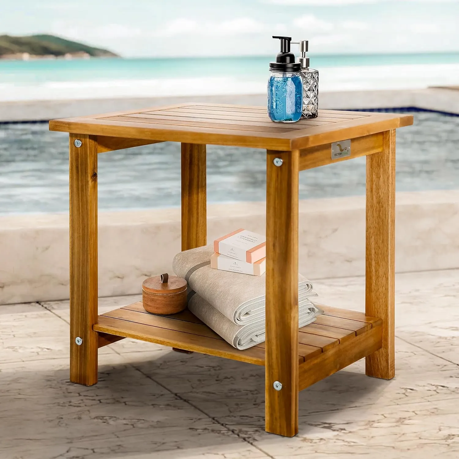 Double Adirondack Side Table, Weather-Resistant Rectangular End Table for Patio, Garden, Lawn, and Living Room. Ideal as a Stylish Indoor and Outdoor Side Table Companion, Natural