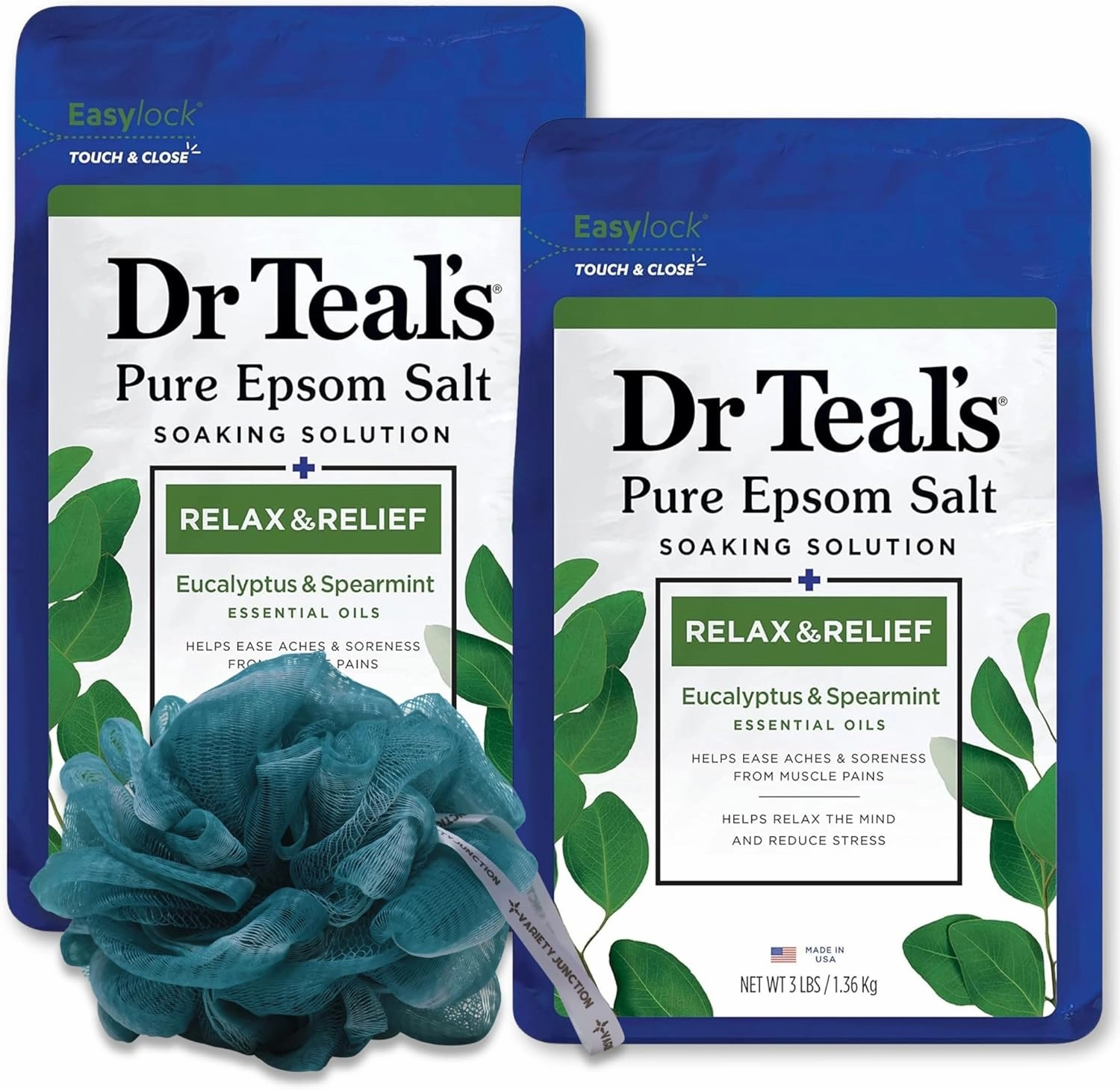 Dr Teal Eucalyptus Epsom Salt for Soaking 3lb (2 Pack) & Variety Junction Bath Sponge (1), Bulk Epsom Salt Bath Soak, Eucalyptus Foot Soak