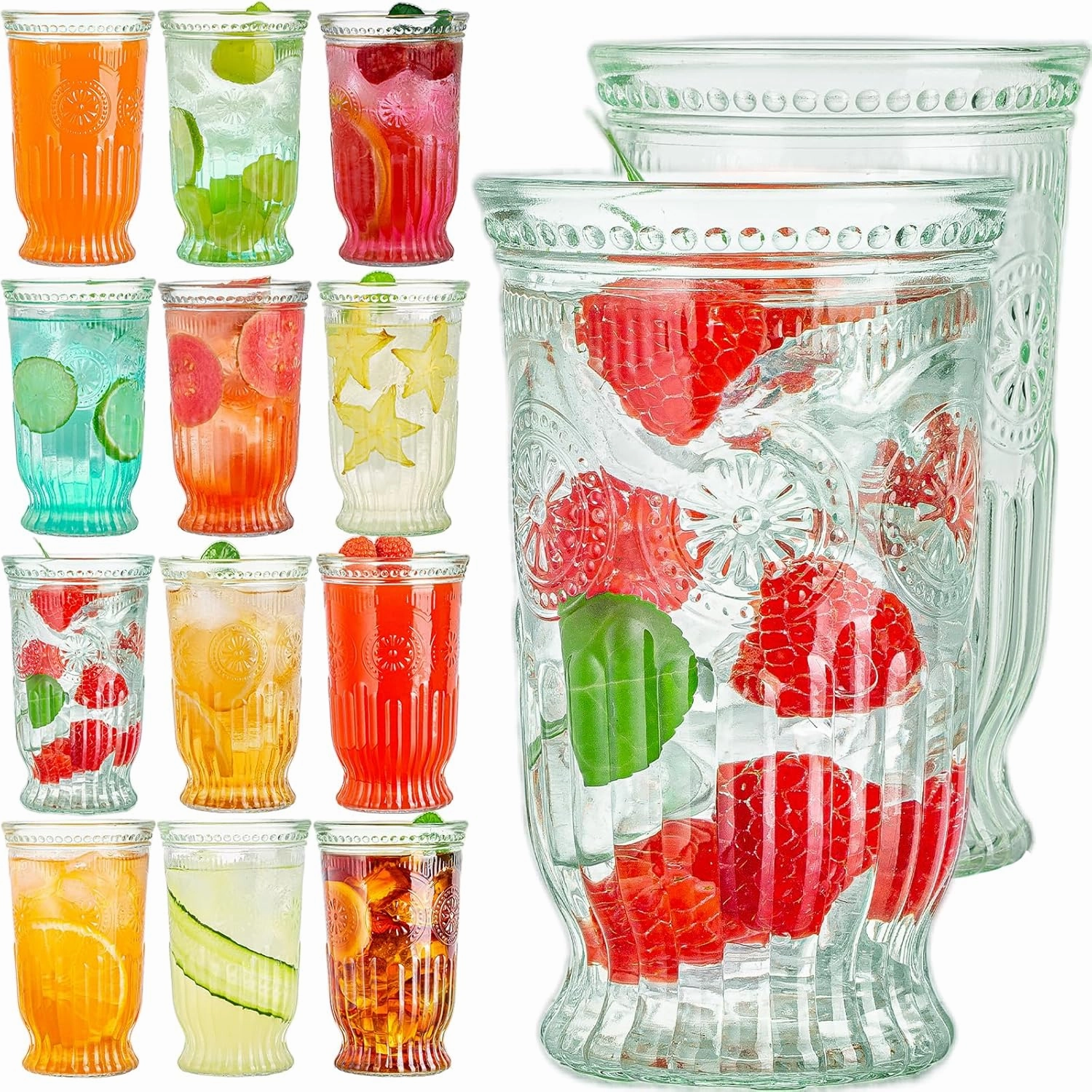 Drinking Glasses, 12 pcs Embossed Designed Highball Glasses, 16oz Glass Cups, Tall Water Tumbler, Ribbed Glassware Set, Mojito Cups, Cocktail Glass, Vintage Glassware Set