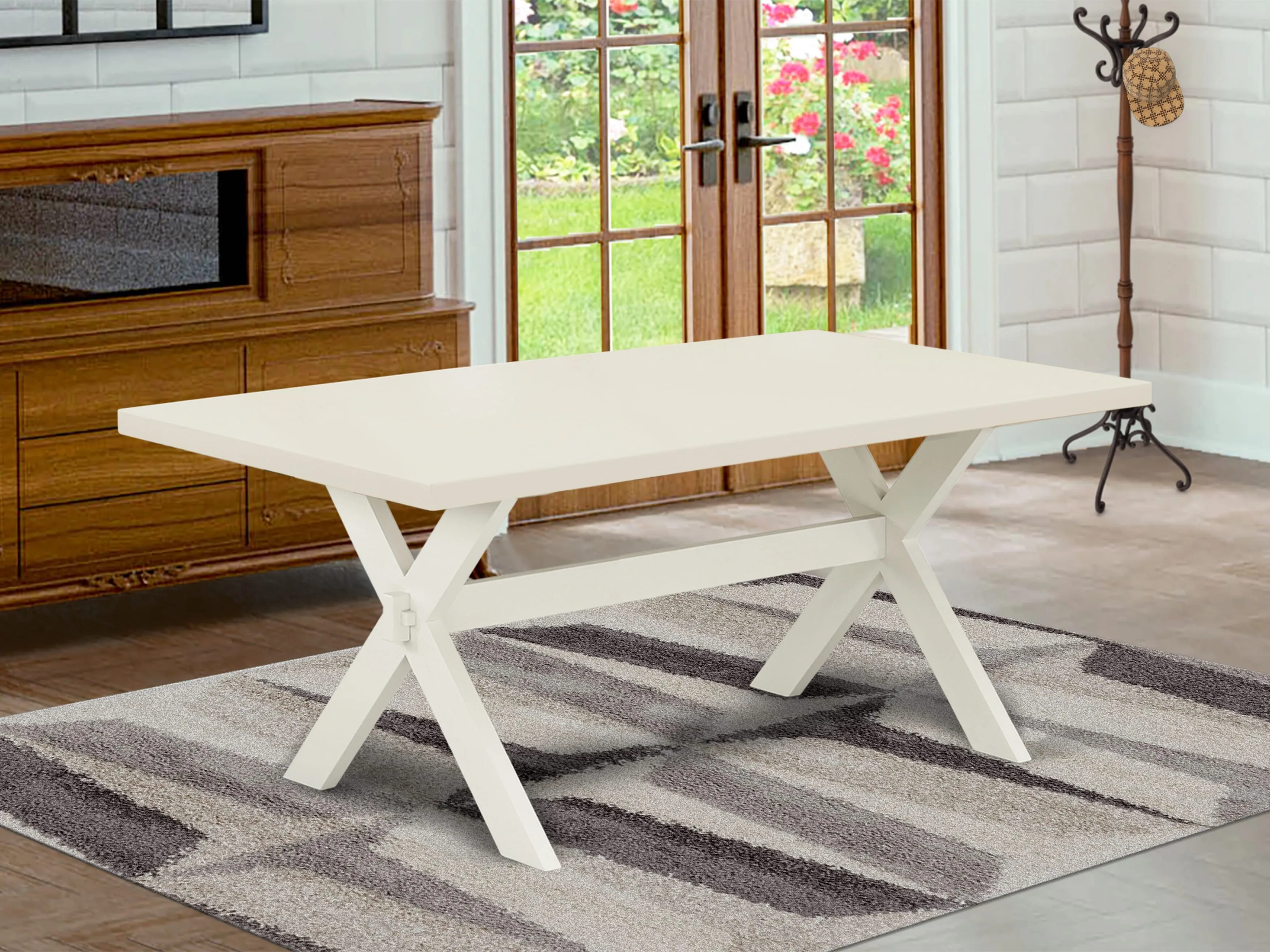 East West Furniture X027EN206-9 9 Piece Dining Table Set Includes a Rectangle Dining Room Table with X-Legs and 8 Dark Shitake Linen Fabric Upholstered Chairs