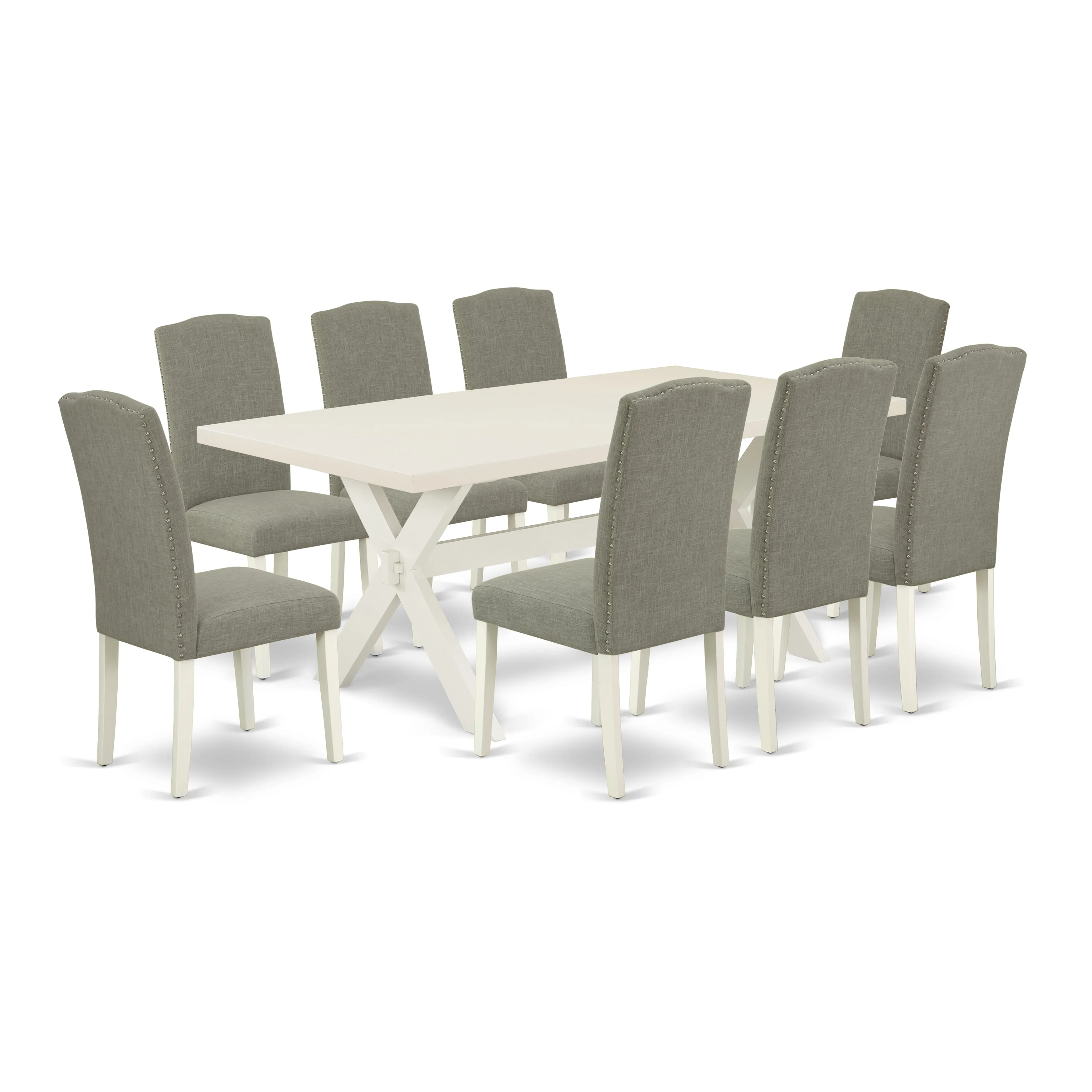 East West Furniture X027EN206-9 9 Piece Dining Table Set Includes a Rectangle Dining Room Table with X-Legs and 8 Dark Shitake Linen Fabric Upholstered Chairs