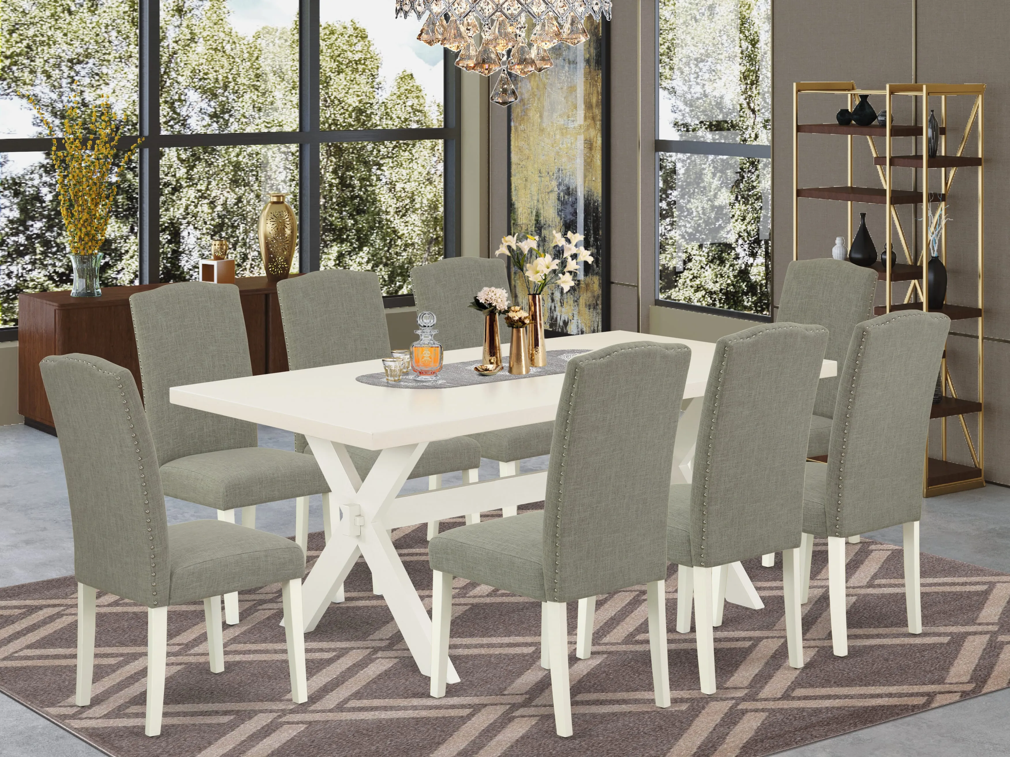 East West Furniture X027EN206-9 9 Piece Dining Table Set Includes a Rectangle Dining Room Table with X-Legs and 8 Dark Shitake Linen Fabric Upholstered Chairs