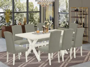 East West Furniture X027EN206-9 9 Piece Dining Table Set Includes a Rectangle Dining Room Table with X-Legs and 8 Dark Shitake Linen Fabric Upholstered Chairs