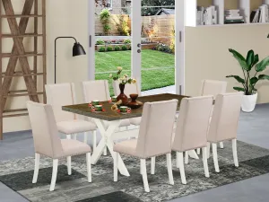 East West Furniture X077FL201-9 9 Piece Kitchen Table Set Includes a Rectangle Dining Table with X-Legs and 8 Cream Linen Fabric Parson Dining Room Chairs, 40x72 Inch, Multi-Color