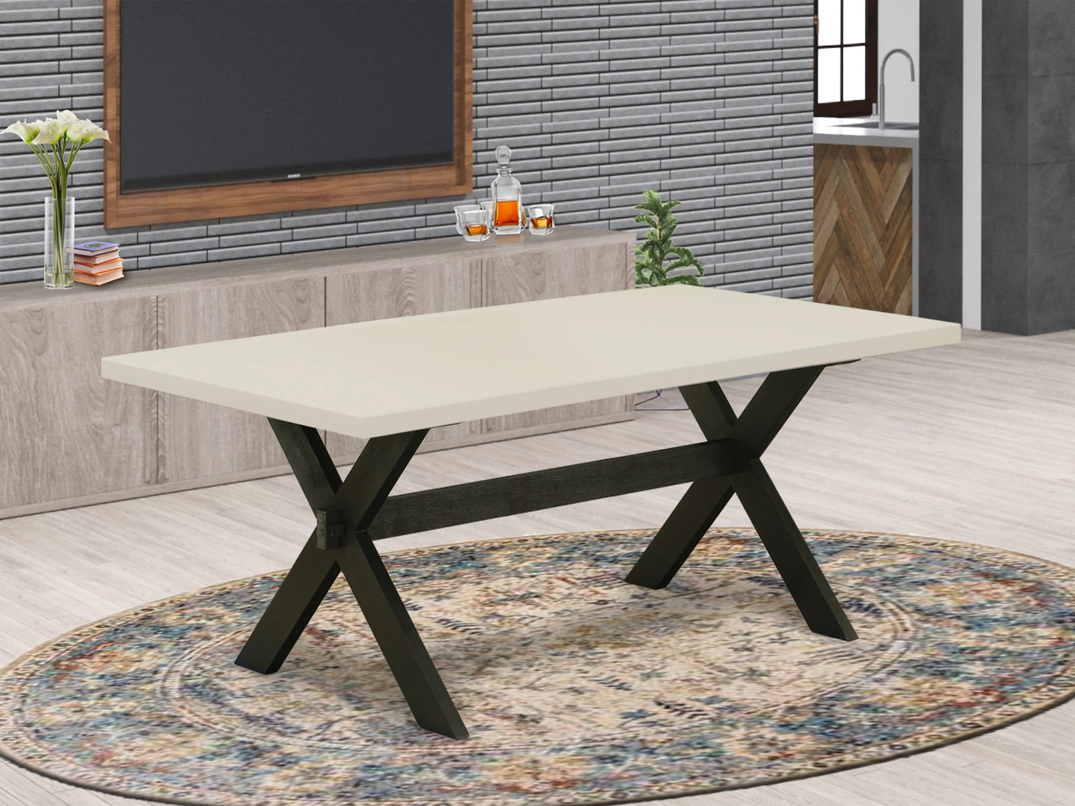 East West Furniture X627GA650-7 7 Piece Dining Room Furniture Set Consist of a Rectangle Dining Table with X-Legs and 6 Dark Gotham Linen Fabric Parson Chairs