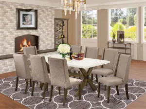 East West Furniture X727FL716-9 9 Piece Modern Dining Table Set Includes a Rectangle Wooden Table with X-Legs and 8 Dark Khaki Linen Fabric Parsons Dining Chairs