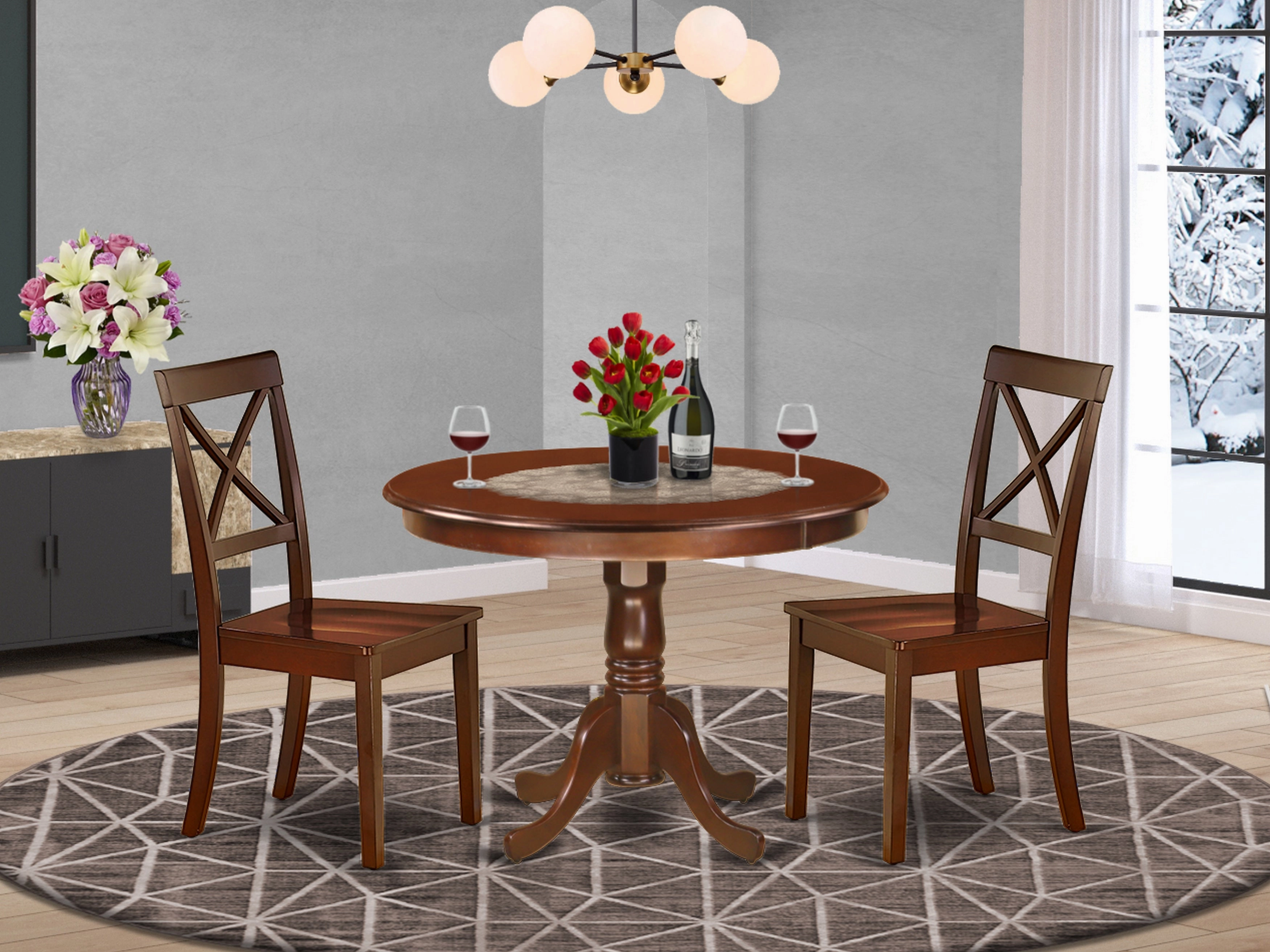East West Furniture HLBO3-MAH-W 3 Piece Dining Room Furniture Set Contains a Round Kitchen Table with Pedestal and 2 Dining Chairs, 42x42 Inch, Mahogany