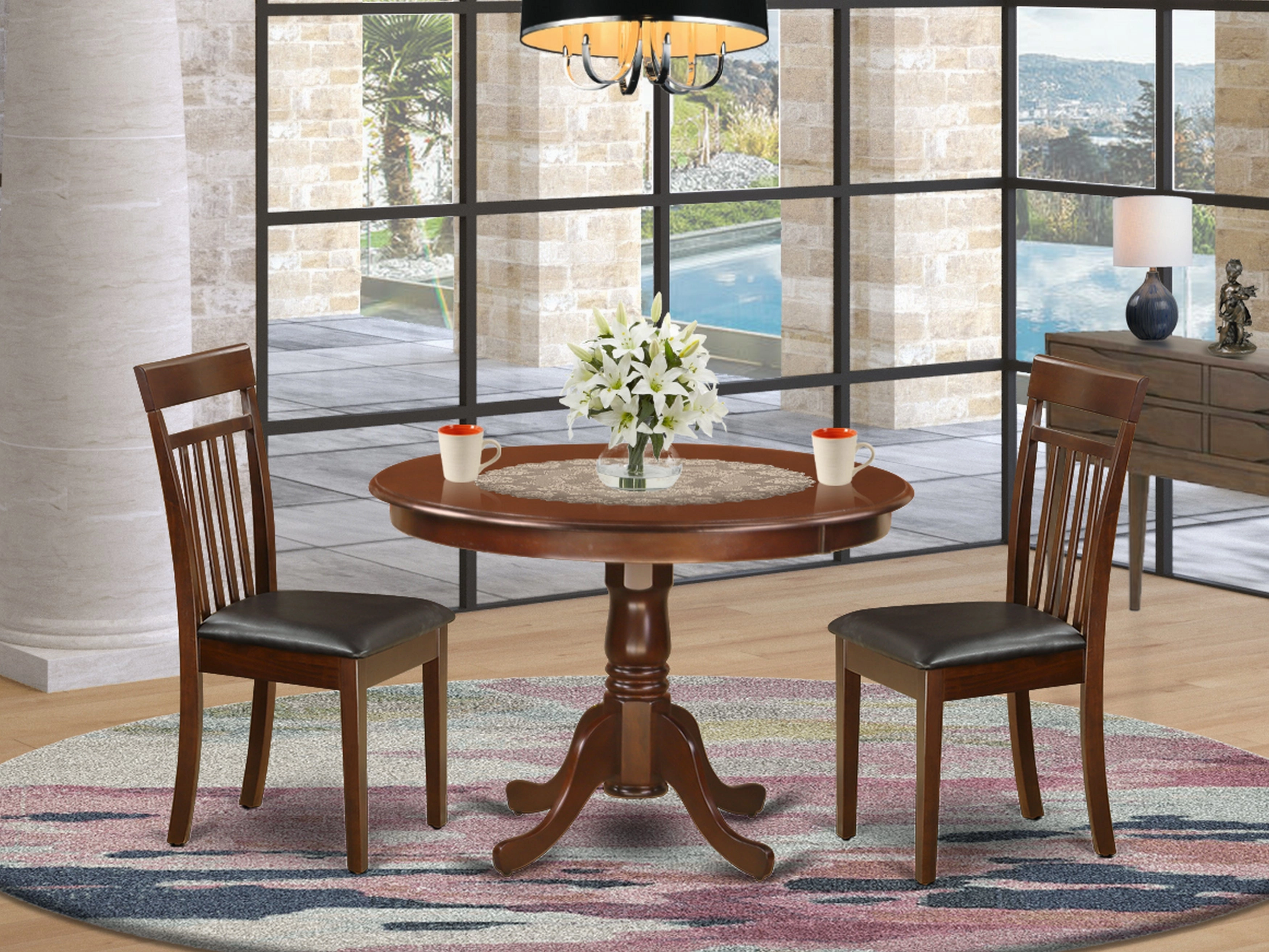East West Furniture HLCA3-MAH-LC 3 Piece Kitchen Table Set for Small Spaces Contains a Round Dining Room Table with Pedestal and 2 Faux Leather Upholstered Chairs, 42x42 Inch, Mahogany