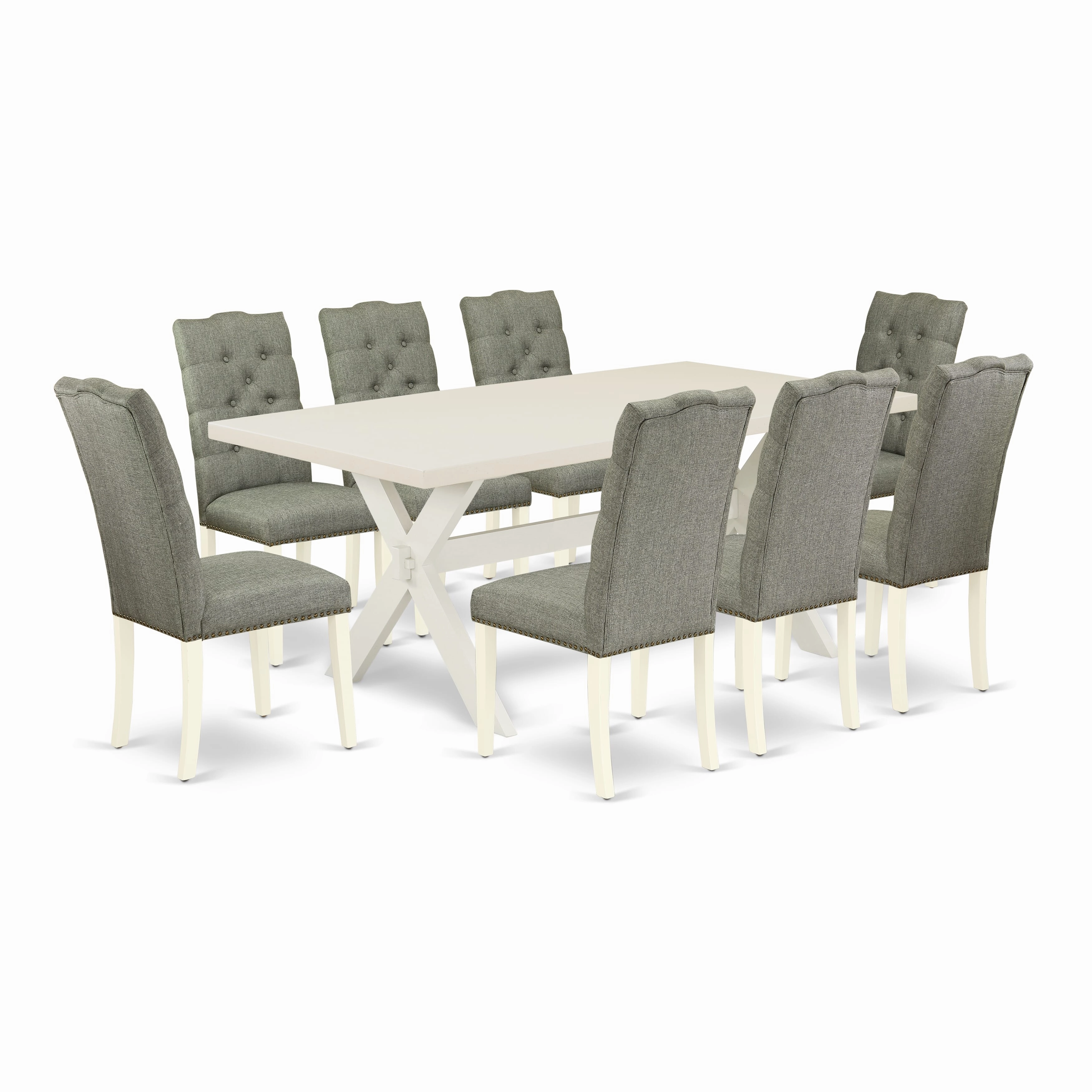 East West Furniture X027EL207-9 9 Piece Kitchen Table & Chairs Set Includes a Rectangle Dining Room Table with X-Legs and 8 Gray Linen Fabric Parson Dining Chairs
