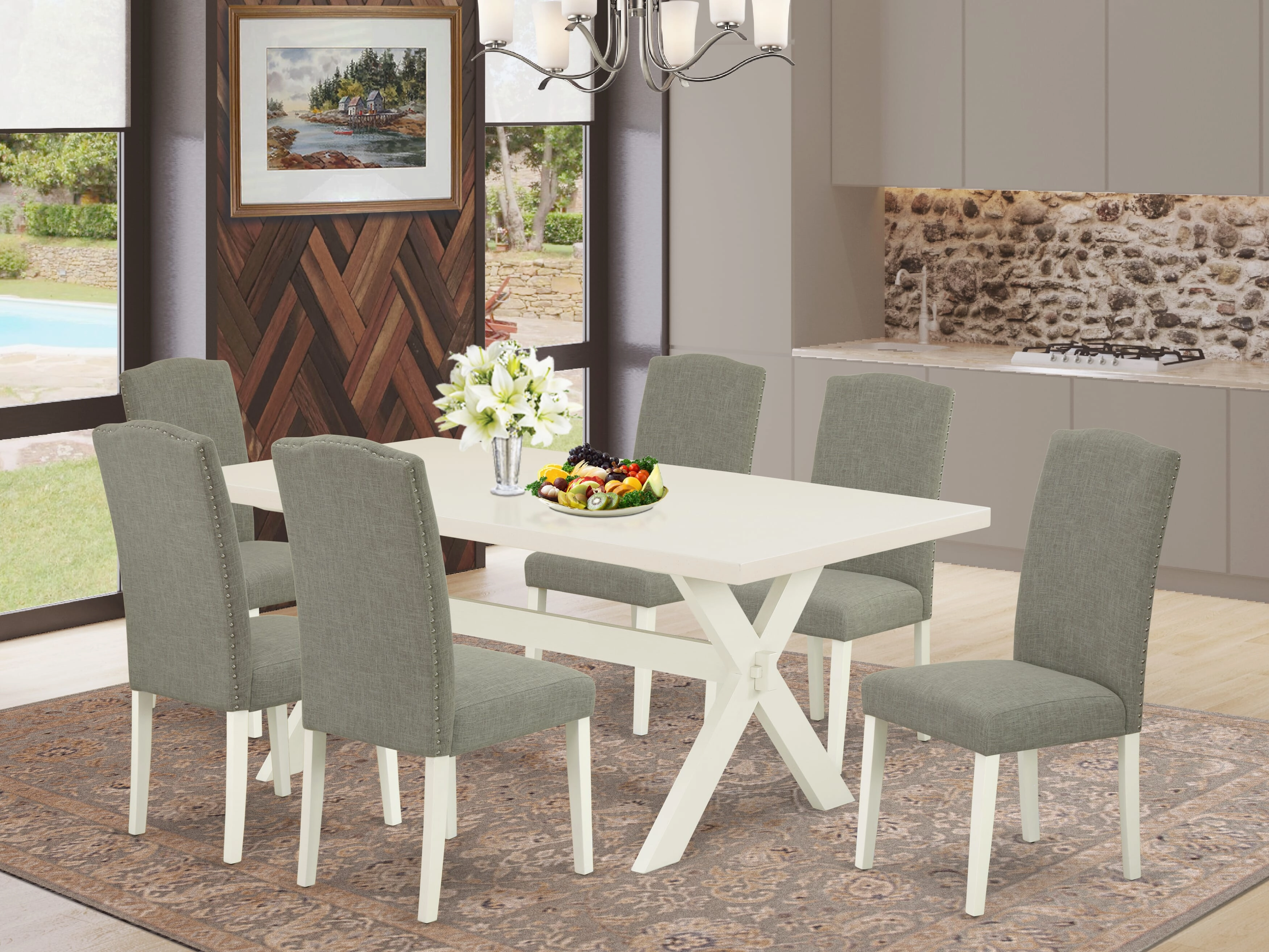 East West Furniture X027EN206-7 7 Piece Dining Room Furniture Set Consist of a Rectangle Dining Table with X-Legs and 6 Dark Shitake Linen Fabric Parsons Chairs