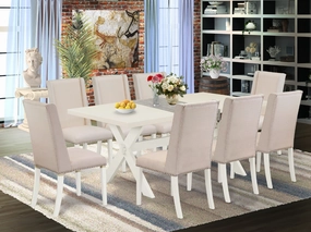 East West Furniture X027FL201-9 9 Piece Dining Room Table Set Includes a Rectangle Dining Table with X-Legs and 8 Cream Linen Fabric Upholstered Parson Chairs