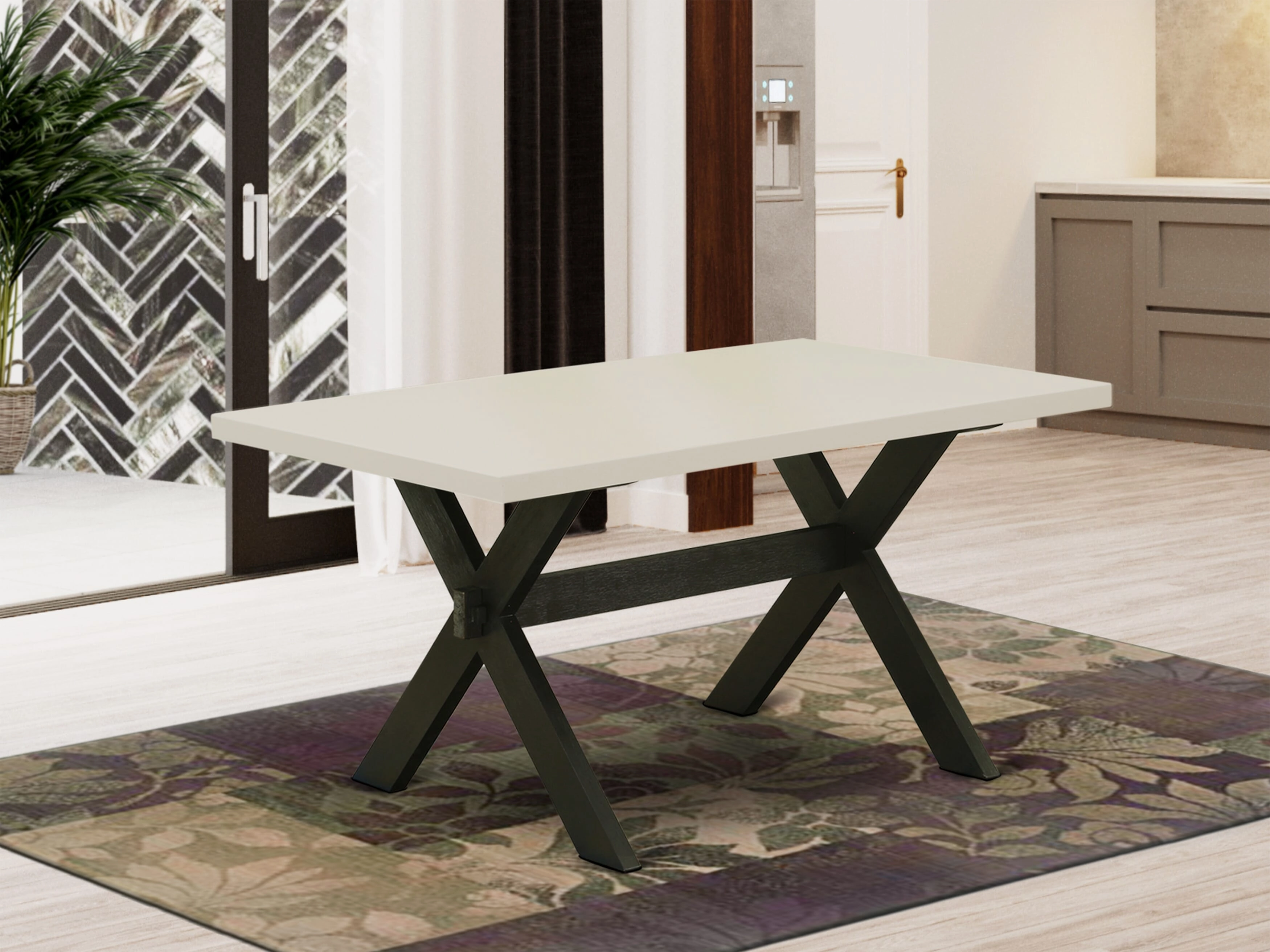 East West Furniture X626GA650-7 7 Piece Modern Dining Table Set Consist of a Rectangle Wooden Table with X-Legs and 6 Dark Gotham Linen Fabric Parson Dining Chairs