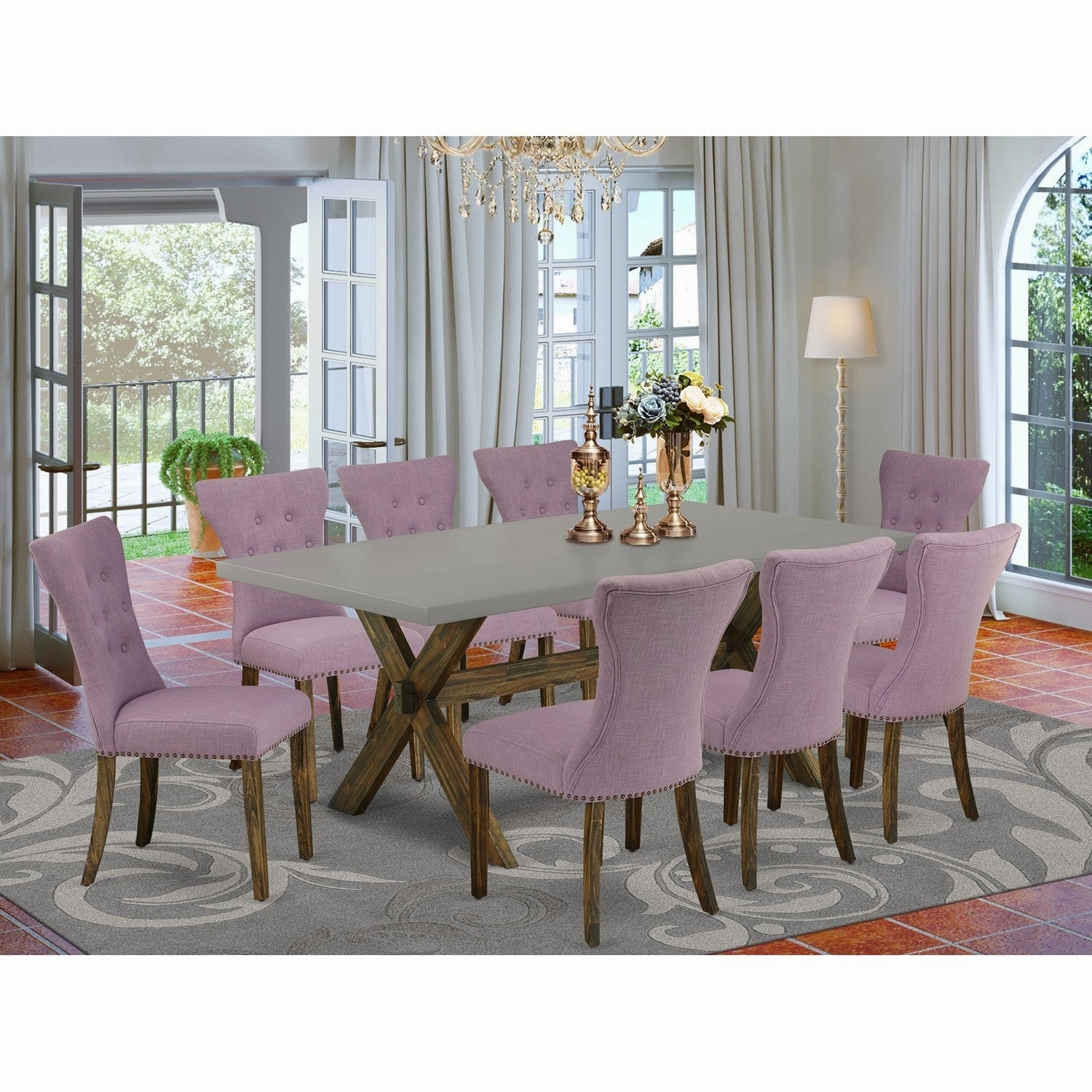 East West Furniture X797GA740-9 9 Piece Dining Room Furniture Set Includes a Rectangle Dining Table with X-Legs and 8 Dahlia Linen Fabric Parsons Chairs, 40x72 Inch, Multi-Color