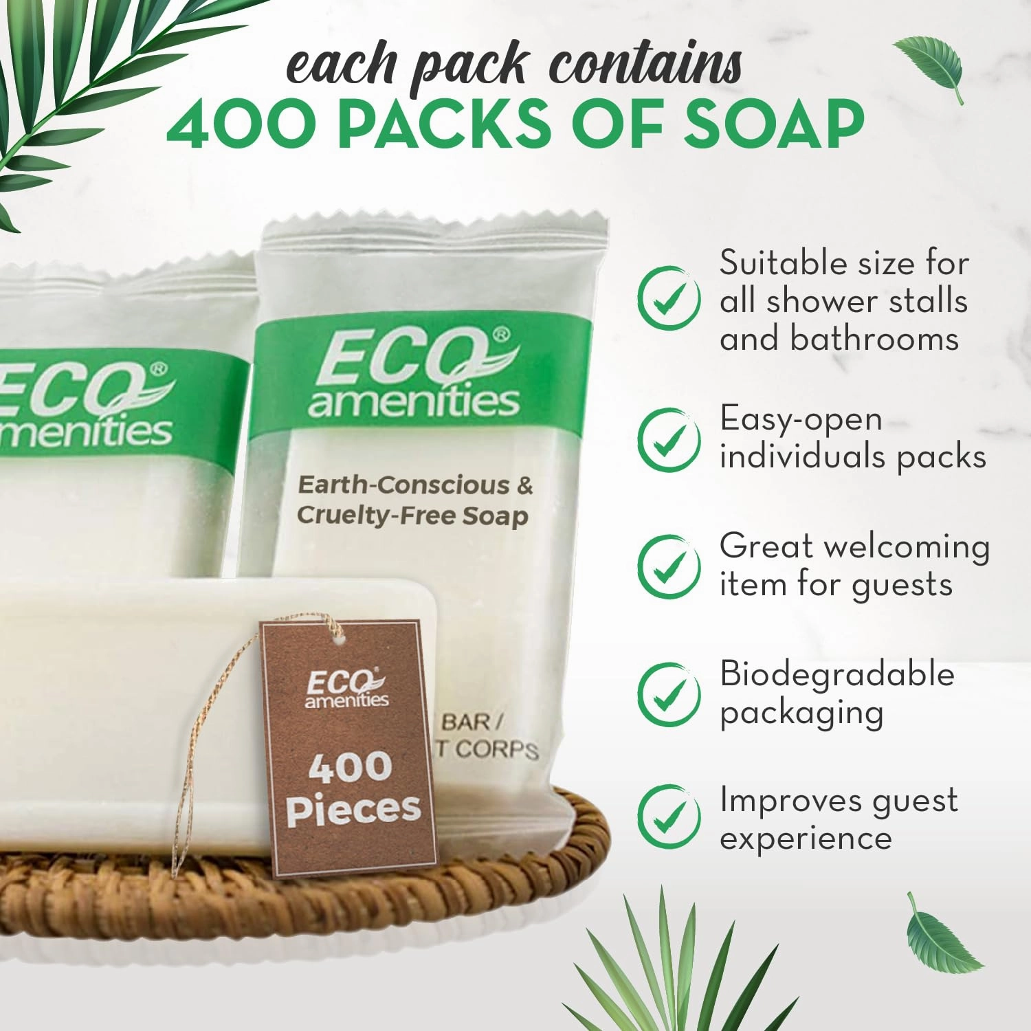 ECO amenities Travel Size Bar Soap - 400 PACK, 0.5 oz Mini Soap Bars, Hotel Soap Bars, Travel Size Toiletries - Individually Wrapped Bulk Soap Bar, Small Hotel Soaps for BNBs, VRBO, Inns and Hotels