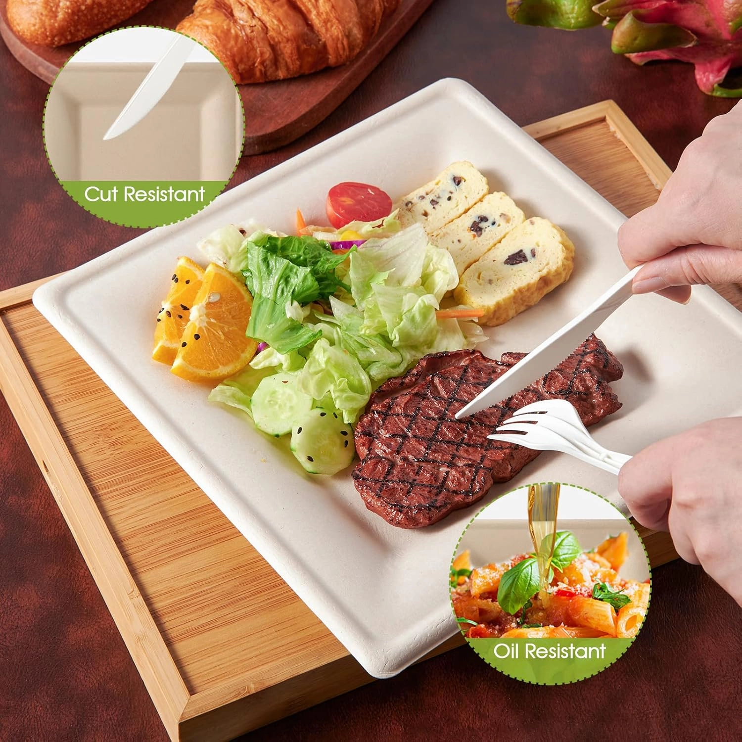 ECOLipak 125 Pack Compostable Square Paper Plates 6 inch Disposable, Eco-friendly Heavy Duty Biodegradable Sugarcane Plates