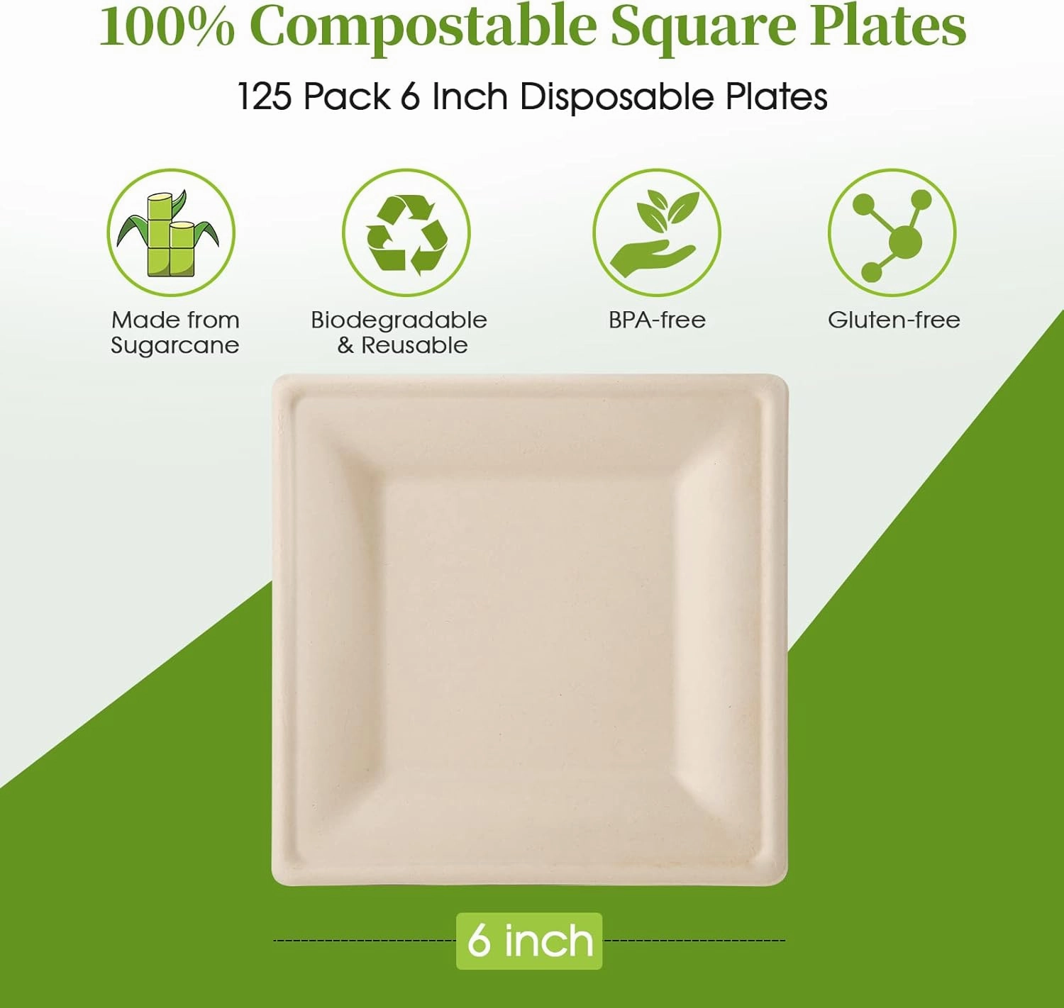 ECOLipak 125 Pack Compostable Square Paper Plates 6 inch Disposable, Eco-friendly Heavy Duty Biodegradable Sugarcane Plates