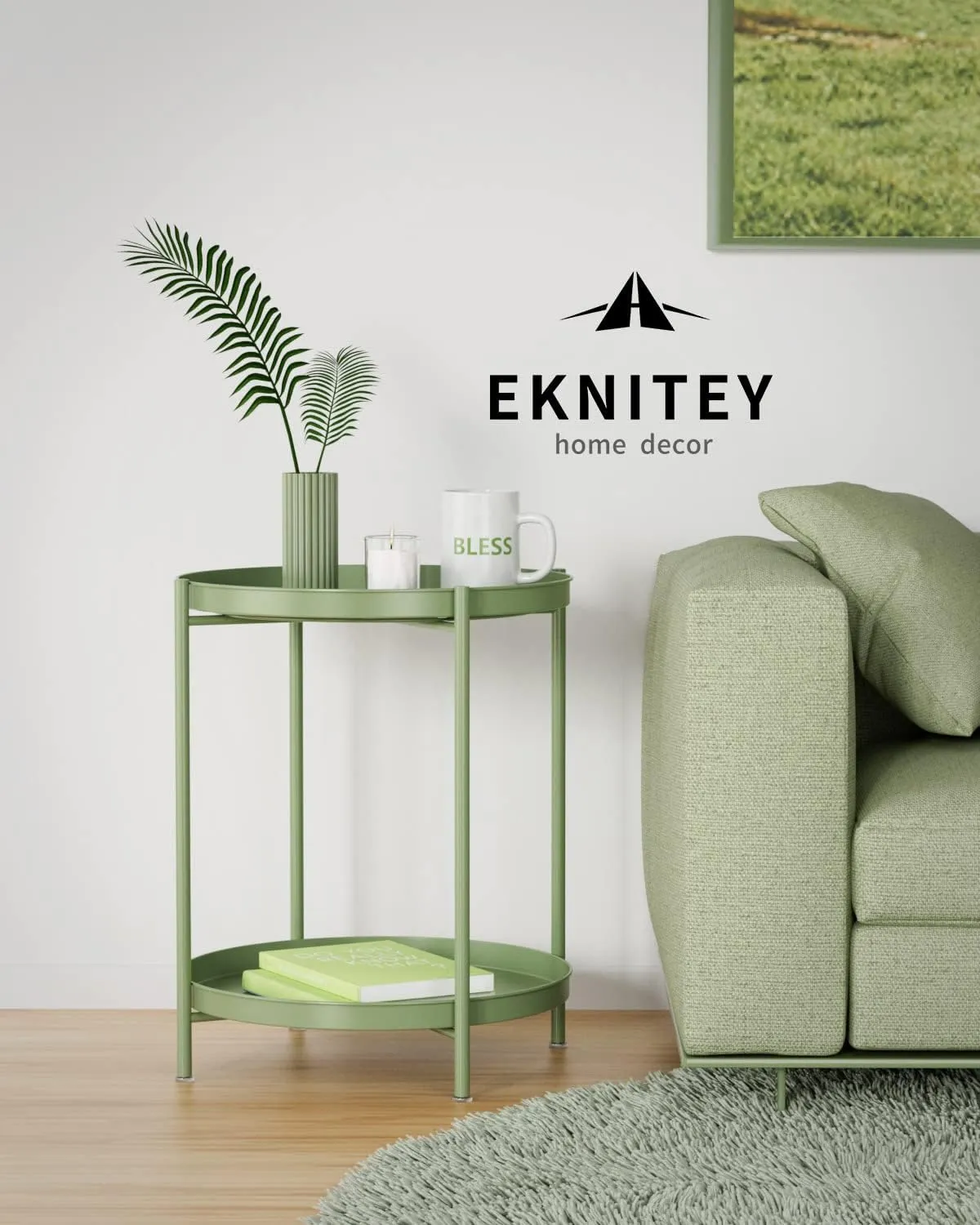 EKNITEY 2 Tier End Table - Metal Side Table Waterproof Small Sofa Coffee Side Tables Bedroom Indoor Outdoor with Removable Tray for Living Room Bedroom Balcony and Office (Atrovirens)