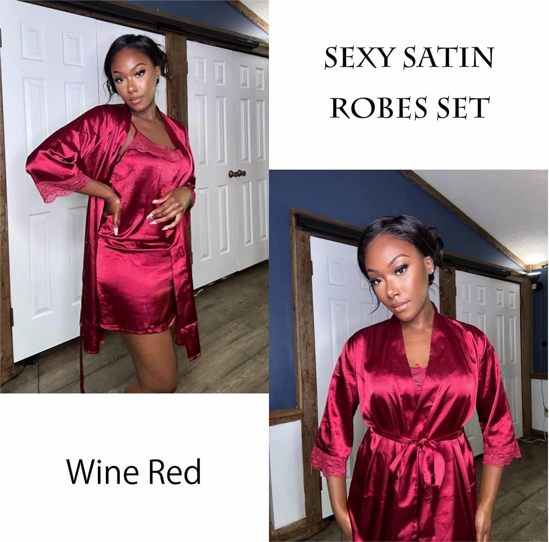 Ekouaer Sleepwear Women's Satin Nightgown with Robes Set 2 Piece Sexy Lace Cami Nightwear