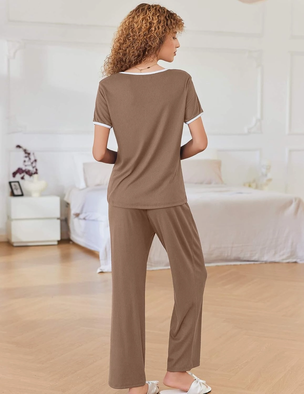 Ekouaer Women Lounge Pajamas Sets Ribbed Knit PJ Short Sleeve and Long Pajama Pant Soft 2 Piece Sleepwear Loungwear Set