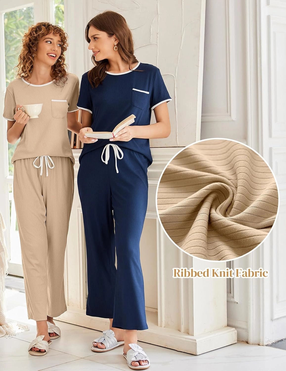 Ekouaer Women Lounge Pajamas Sets Ribbed Knit PJ Short Sleeve and Long Pajama Pant Soft 2 Piece Sleepwear Loungwear Set