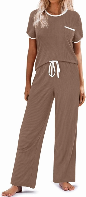 Ekouaer Women Lounge Pajamas Sets Ribbed Knit PJ Short Sleeve and Long Pajama Pant Soft 2 Piece Sleepwear Loungwear Set