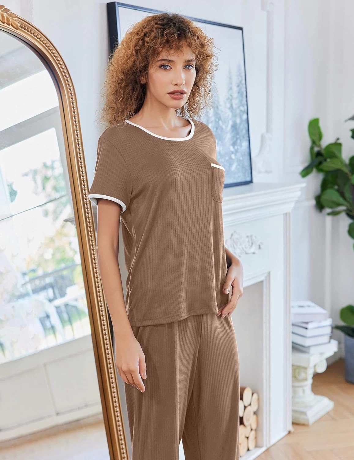 Ekouaer Women Lounge Pajamas Sets Ribbed Knit PJ Short Sleeve and Long Pajama Pant Soft 2 Piece Sleepwear Loungwear Set