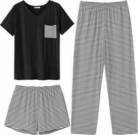 Ekouaer Women's 3 Piece Pajama Set Short Sleeve Sleepwear Pj Set Top and Shorts Pants Pjs with Pockets