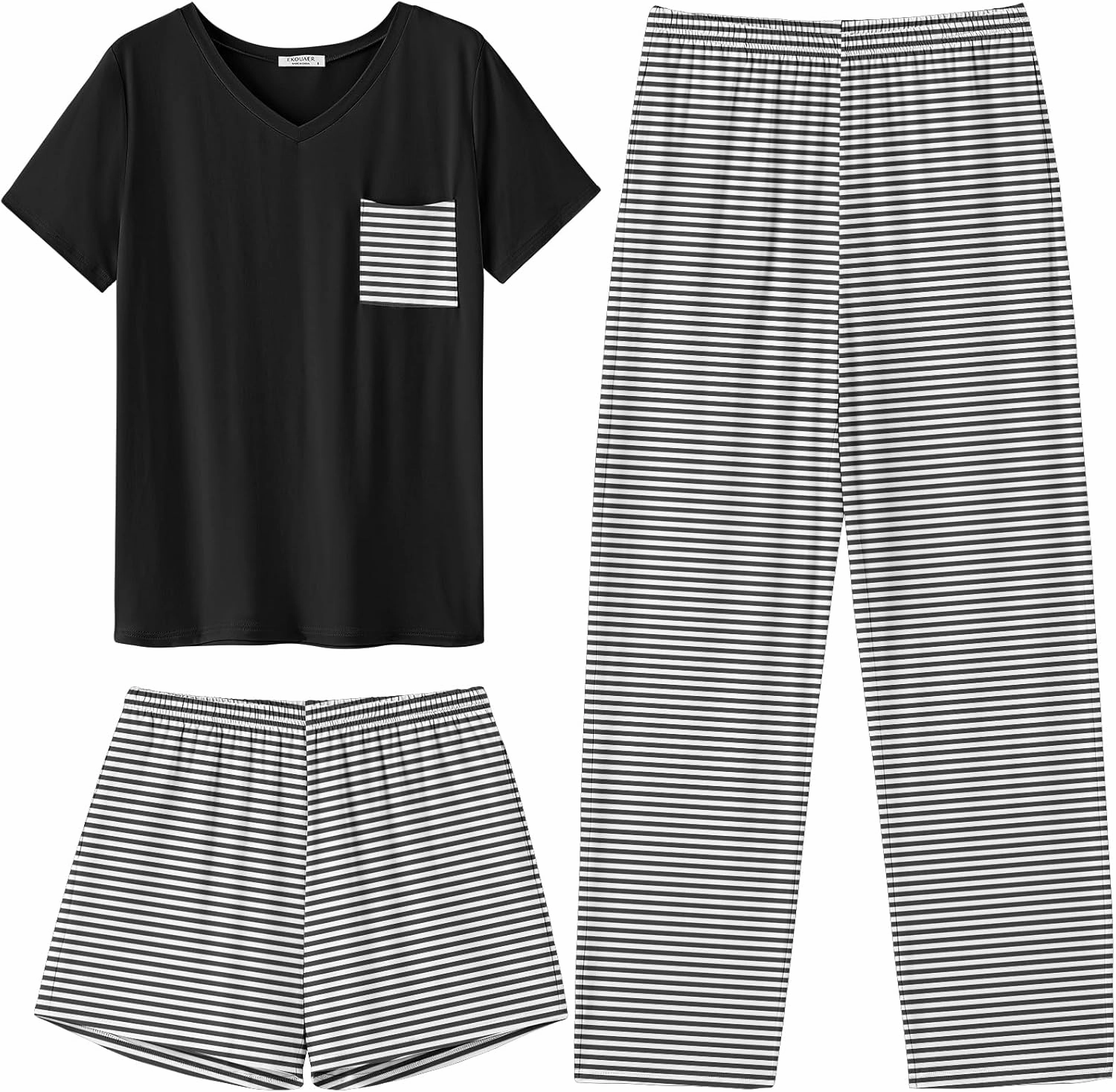Ekouaer Women's 3 Piece Pajama Set Short Sleeve Sleepwear Pj Set Top and Shorts Pants Pjs with Pockets