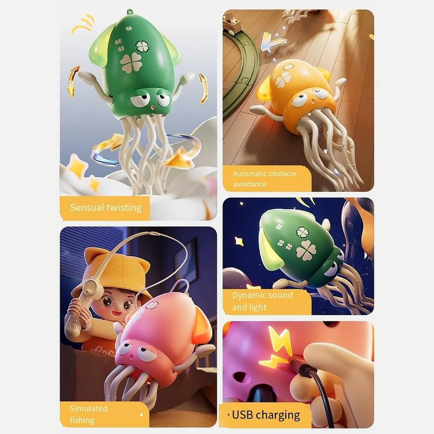 Electric Dancing Wiggly Wonder Octopus Toy, Smart Tentacle Explorer, Squid Toy with Auto Obstacle Avoidance, USB Rechargeable with LED Lights & Music, Interactive Robotic Playful(Yellow Fishing Rod)