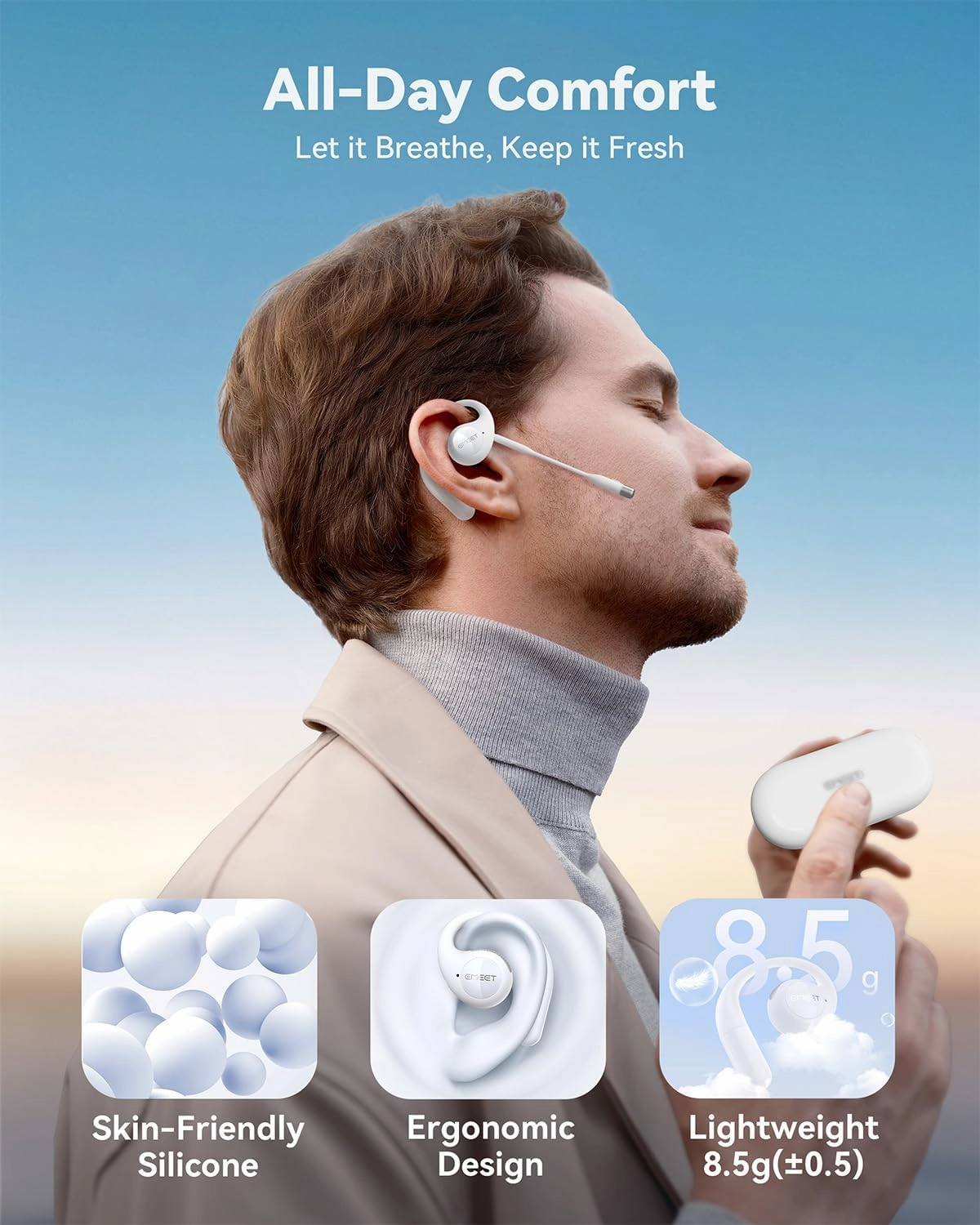 EMEET Airflow Open Ear Headphones with Mic, Bluetooth 5.3 Wireless Headsets with Detachable Microphone, ENC Noise Cancelling, Multipoint Pairing, Bluetooth Headset for Work, Home, Office（White）