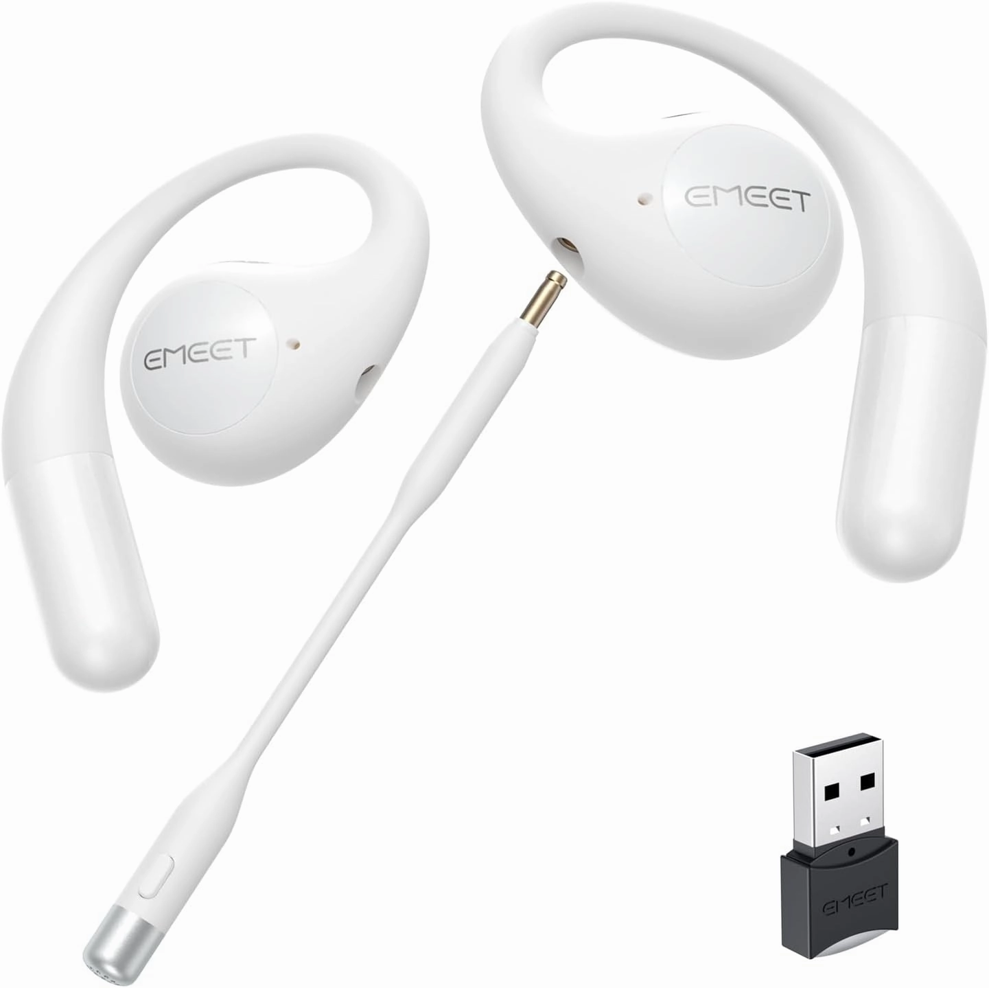 EMEET Airflow Open Ear Headphones with Mic, Bluetooth 5.3 Wireless Headsets with Detachable Microphone, ENC Noise Cancelling, Multipoint Pairing, Bluetooth Headset for Work, Home, Office（White）