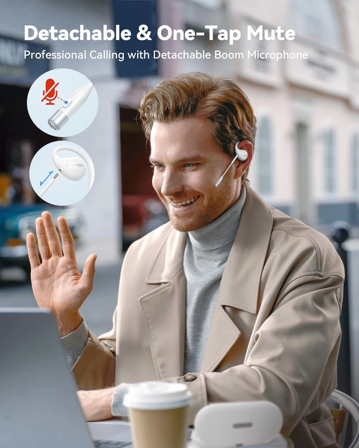 EMEET Airflow Open Ear Headphones with Mic, Bluetooth 5.3 Wireless Headsets with Detachable Microphone, ENC Noise Cancelling, Multipoint Pairing, Bluetooth Headset for Work, Home, Office（White）