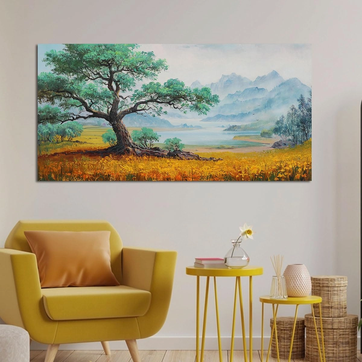 Enartly Landscape Wall Art Canvas Tree of Life Mountain Painting Textured Scenery Picture Rustic Green Artwork Framed Large for Bedroom Living Room Bathroom Dinning Room Home Office Wall Decor 40"x20"
