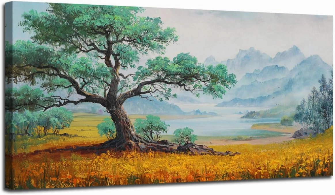 Enartly Landscape Wall Art Canvas Tree of Life Mountain Painting Textured Scenery Picture Rustic Green Artwork Framed Large for Bedroom Living Room Bathroom Dinning Room Home Office Wall Decor 40"x20"
