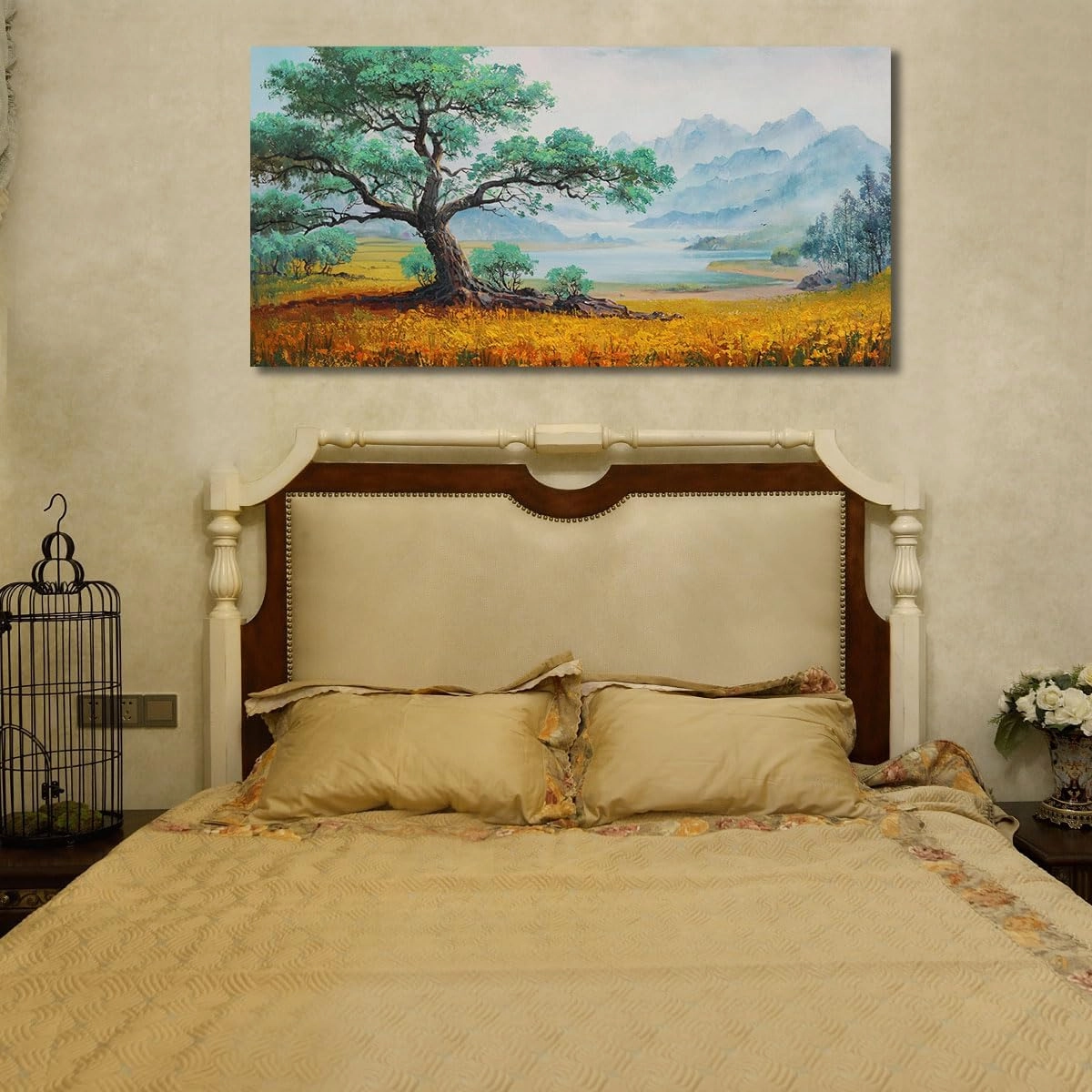 Enartly Landscape Wall Art Canvas Tree of Life Mountain Painting Textured Scenery Picture Rustic Green Artwork Framed Large for Bedroom Living Room Bathroom Dinning Room Home Office Wall Decor 40"x20"
