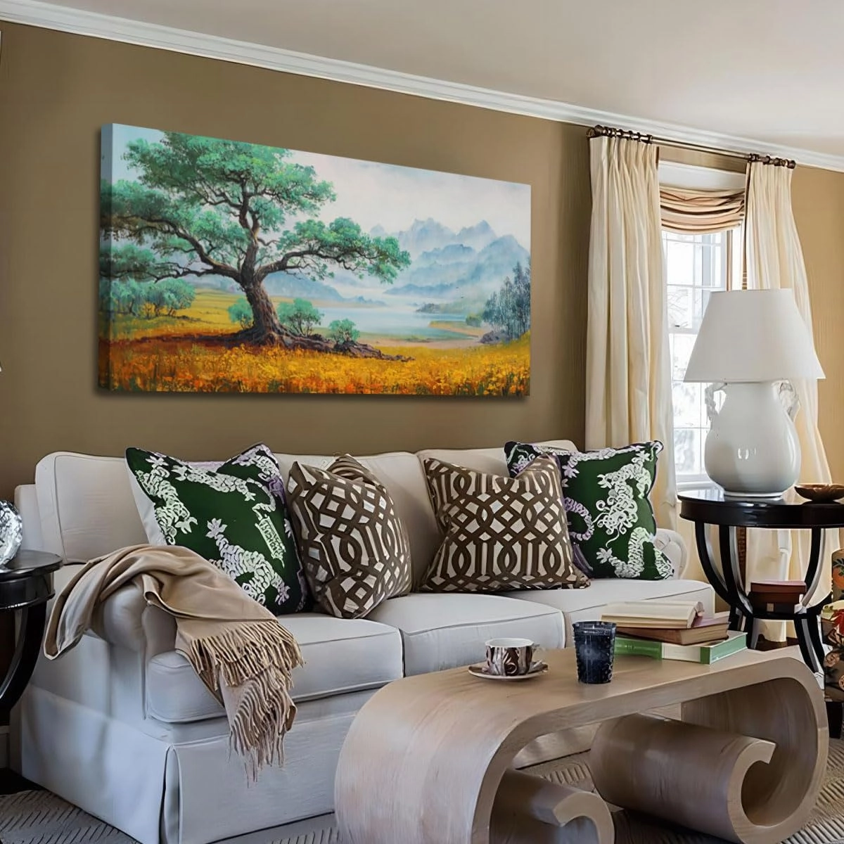 Enartly Landscape Wall Art Canvas Tree of Life Mountain Painting Textured Scenery Picture Rustic Green Artwork Framed Large for Bedroom Living Room Bathroom Dinning Room Home Office Wall Decor 40"x20"