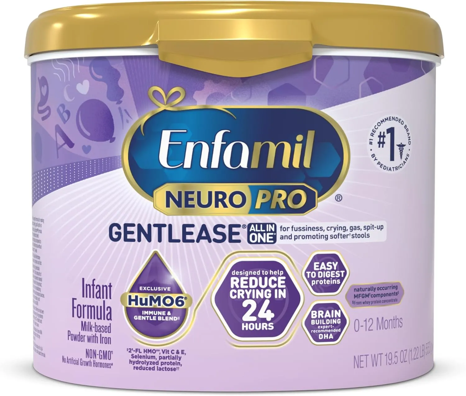 Enfamil NeuroPro Gentlease Baby Formula, Brain Building DHA, HuMO6 Immune Blend, Designed to Reduce Fussiness, Crying, Gas & Spit-up in 24 Hrs, has Prebiotics to Promote Softer Stools, Reusable Tub, 19.5 Oz