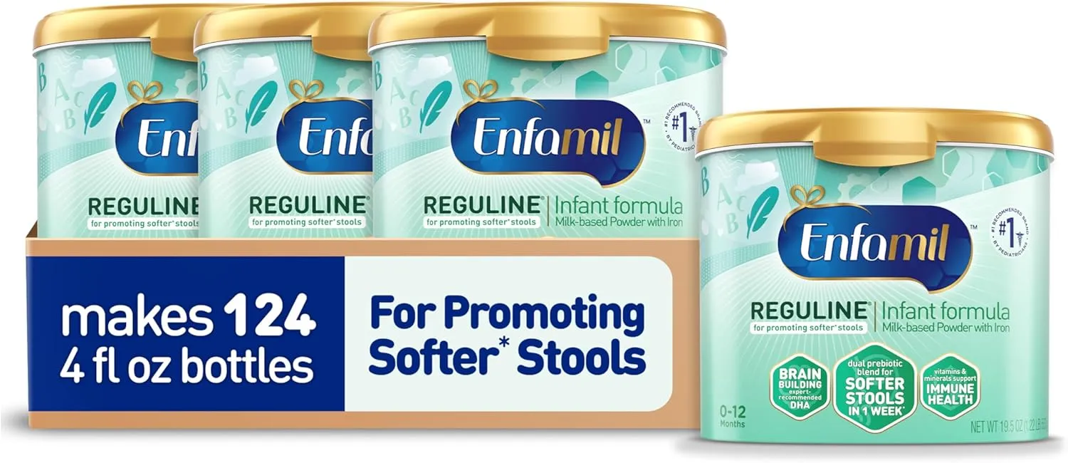 Enfamil Reguline Baby Formula, Milk-Based Infant Nutrition, Dual Prebiotics for Soft, Comfortable Stools within 1 Week of Use, Omega-3 DHA for Immune Support, Reusable Powder Tub, 78 Oz​