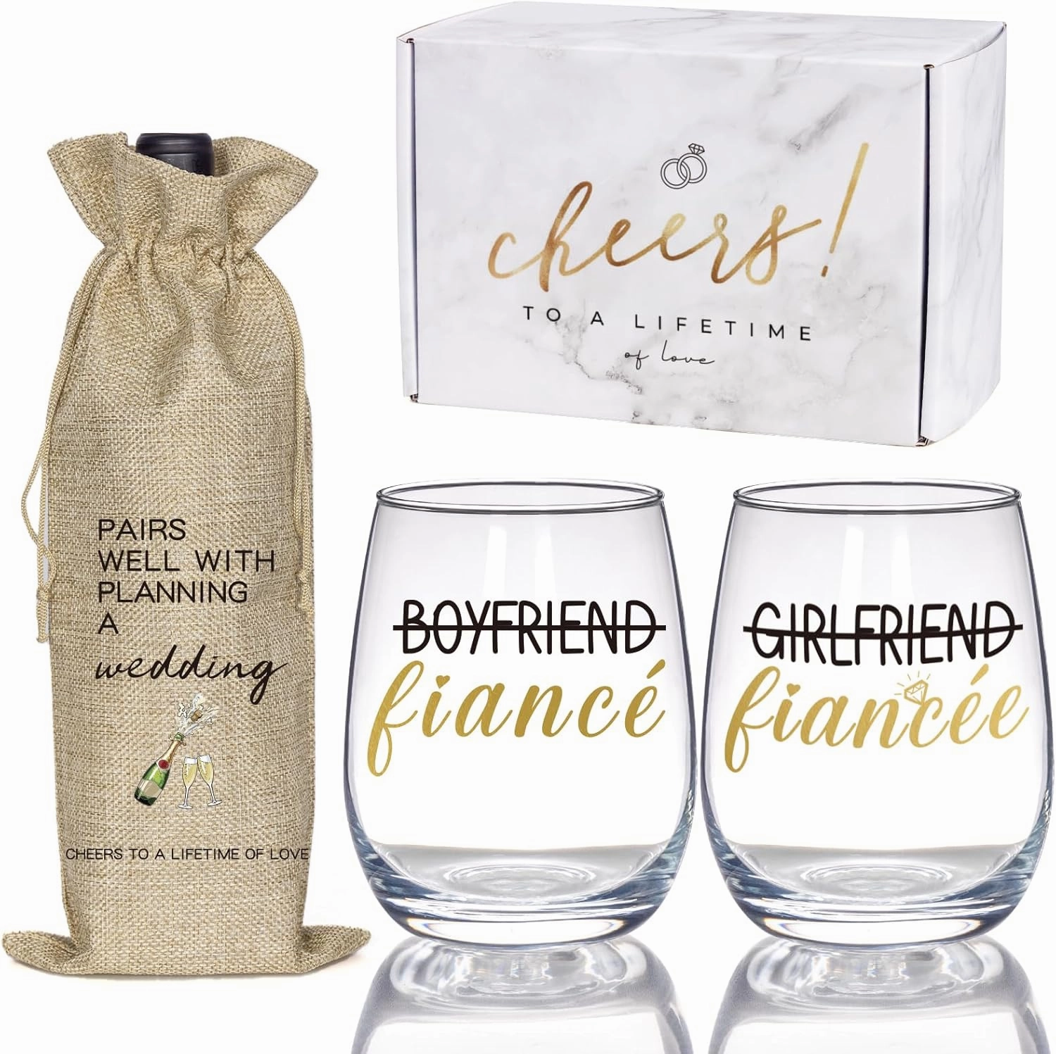 Engagement Gifts for Couples, Boyfriend and Girlfriend Wine Glass and Wine Bag Gift Set, Fiance Fiancee Gift for Him and Her, Bride and Groom Wedding Gifts, Bridal Shower, Engaged Gifts for Newlywed