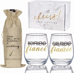 Engagement Gifts for Couples, Boyfriend and Girlfriend Wine Glass and Wine Bag Gift Set, Fiance Fiancee Gift for Him and Her, Bride and Groom Wedding Gifts, Bridal Shower, Engaged Gifts for Newlywed