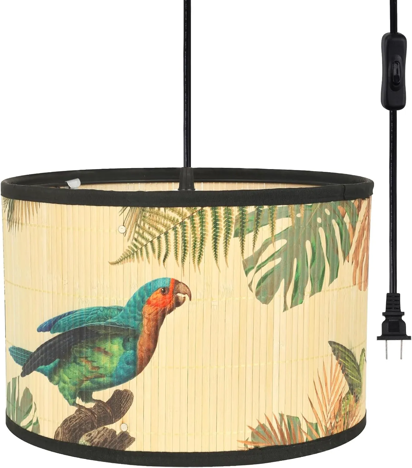 Eoiips Plug in Pendant Light Bamboo, 14.76ft Hanging Lamp with Plug in Cord, ON/Off Switch, Hanging Light Shade with Pattern, Pendant Light Fixture for Kitchen Island Bedroom Living Room (Parrot)